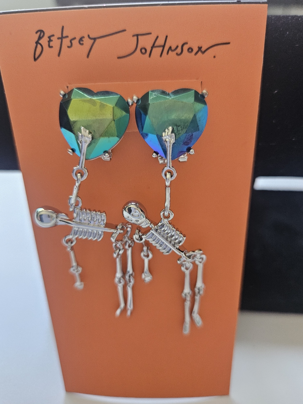 Betsey Johnson Green Iridescent Heart & Skeleton Dangle Earrings